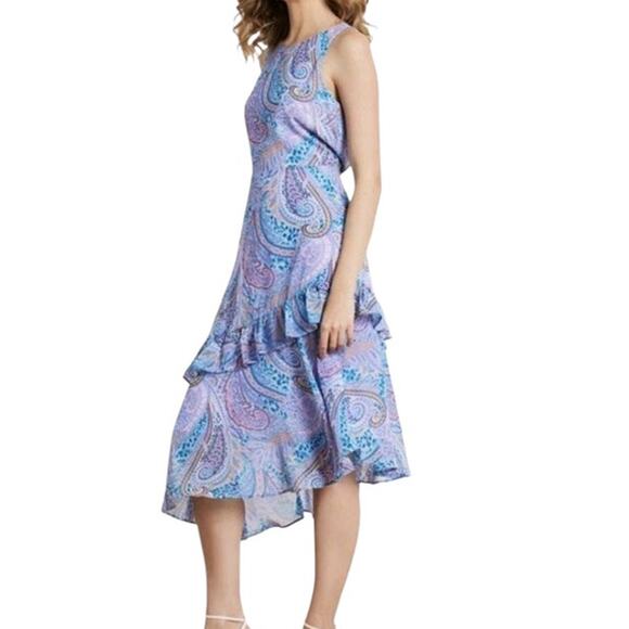 NEW SAM EDELMAN Boho Ruffle Midi Dress 10 Frilly Coquette Event Purple Pink Blue - Picture 1 of 10
